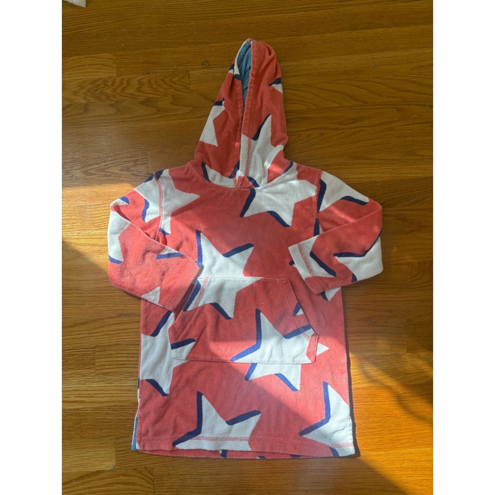 Mini Boden Kids Star Print Terry Cloth Hooded Beach Cover Up Coral Pink 5-6Y
